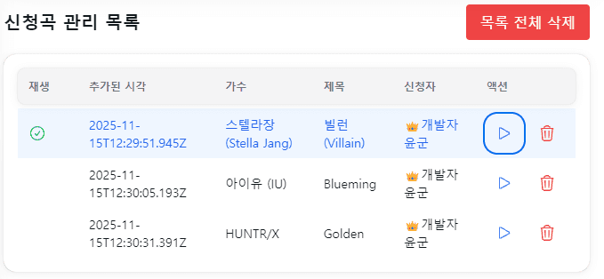 신청곡 목록 테이블